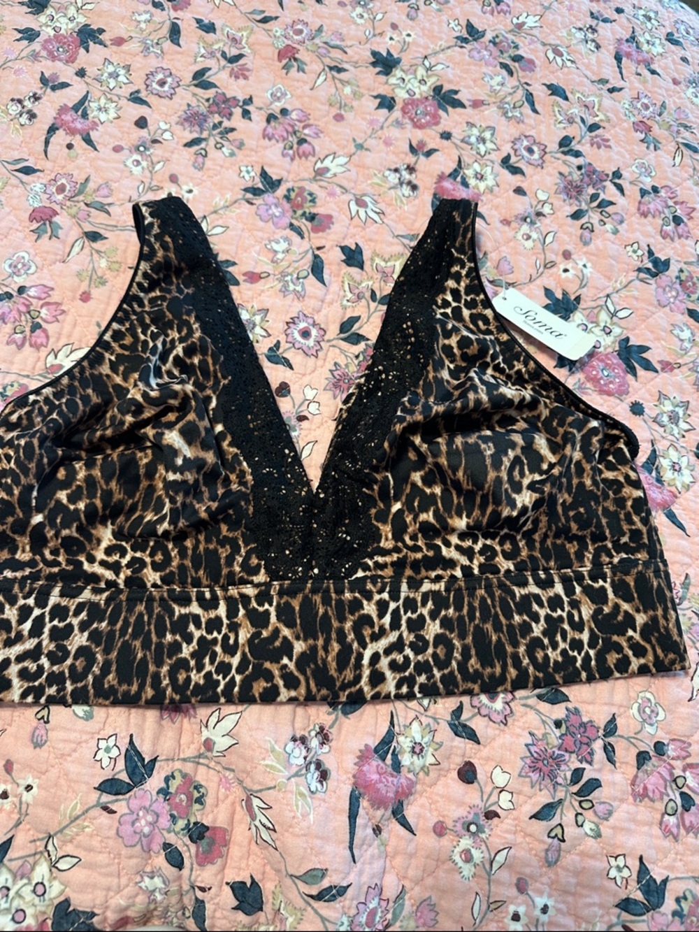 Soma EMBRACEABLE Leopard Print Lace-Trim Bralette in Brown and Black
